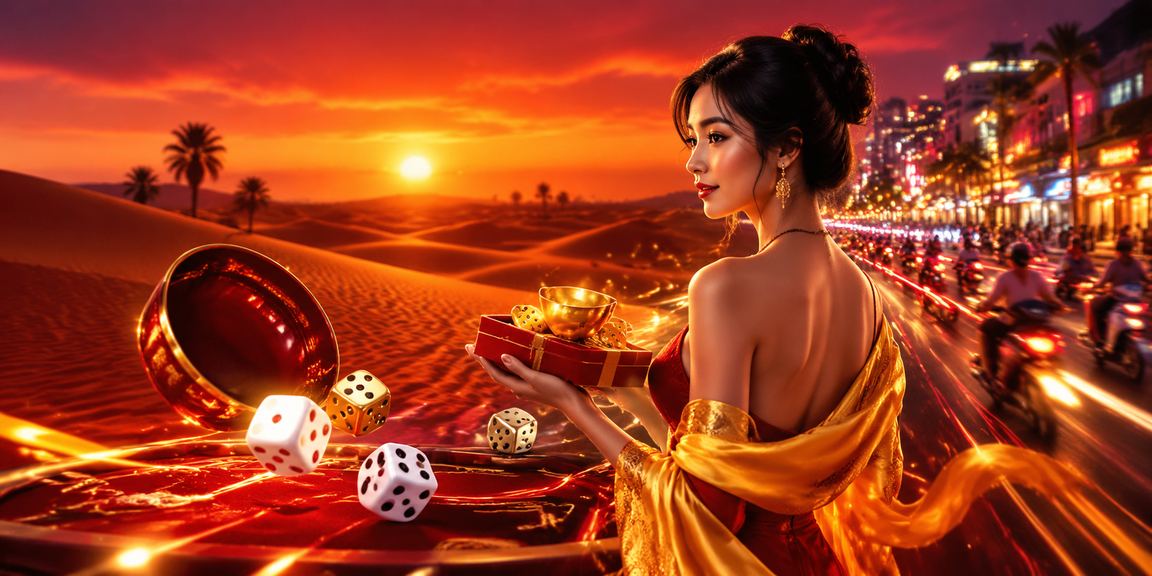 Sòng bài trực tuyến với ánh đèn neon tại khu nghỉ dưỡng Mũi Né, minh họa trò chơi Tài Xỉu casino và RNG minh bạch trên xsmnt7
